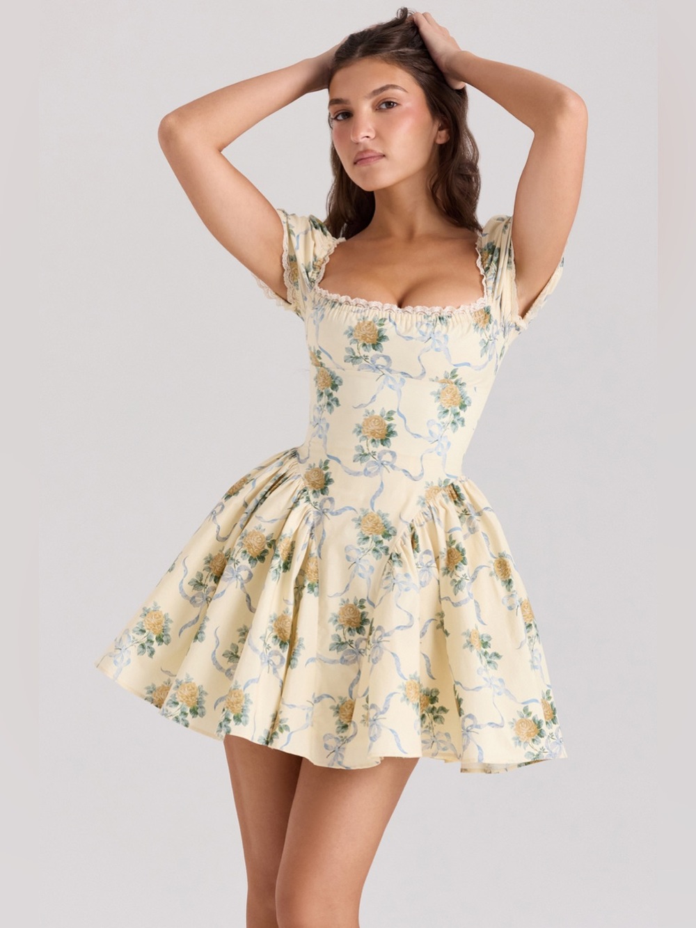 House of CB ROSIE Lemon Rose Print Cotton Mini Dress